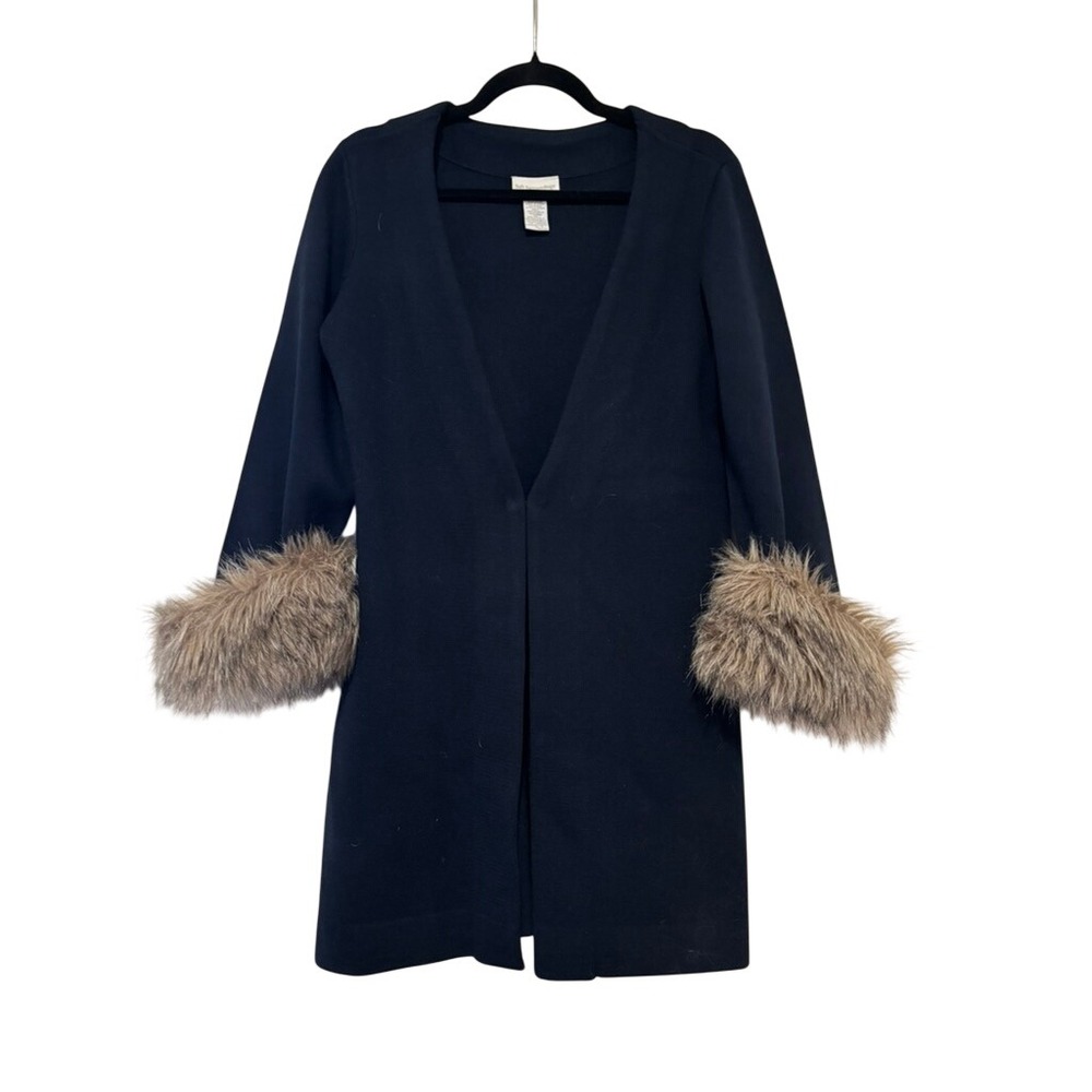 Soft Surroundings sz XL navy blue cardigan sweater fur sleeves lagenlook OO